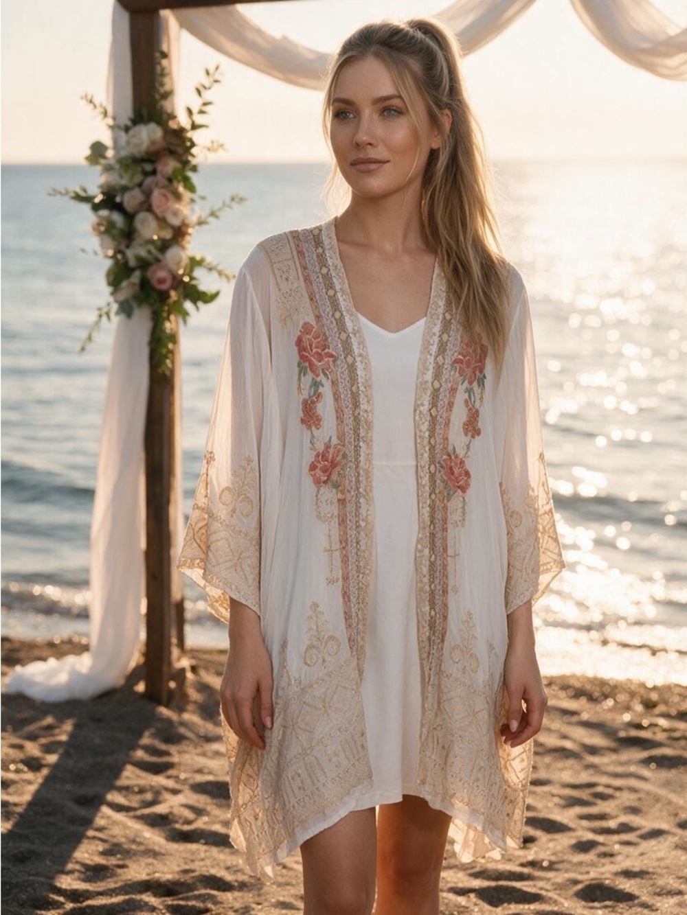 Johnny Was Embroidered Coastal Kimono Cardigan Size Large